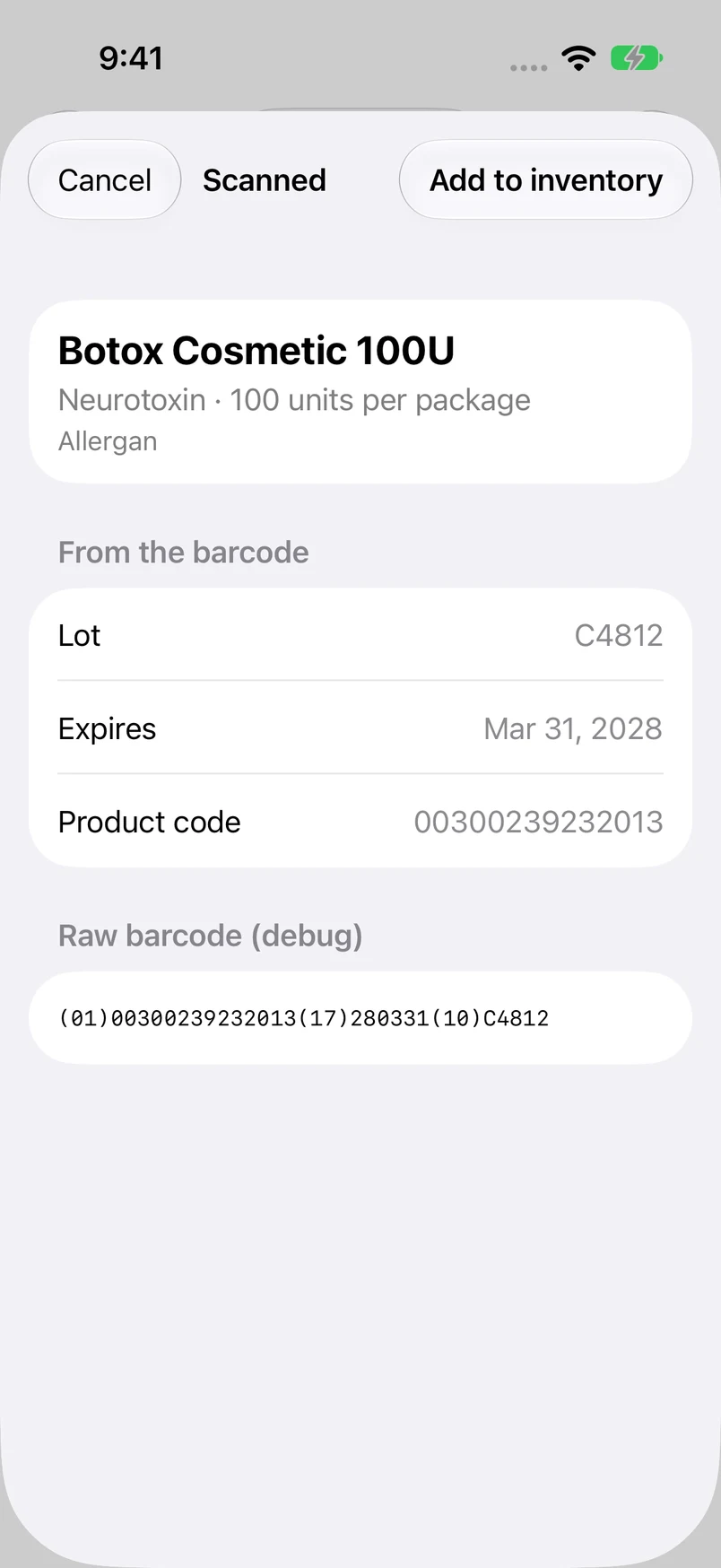 Rastro barcode lookup result for Botox Cosmetic 100U, with lot and expiration filled in.