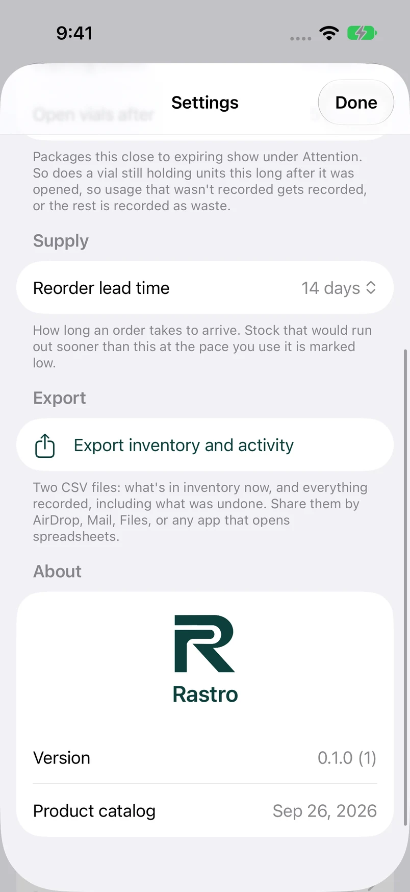 Rastro Settings with the option to export inventory and activity as CSV files.