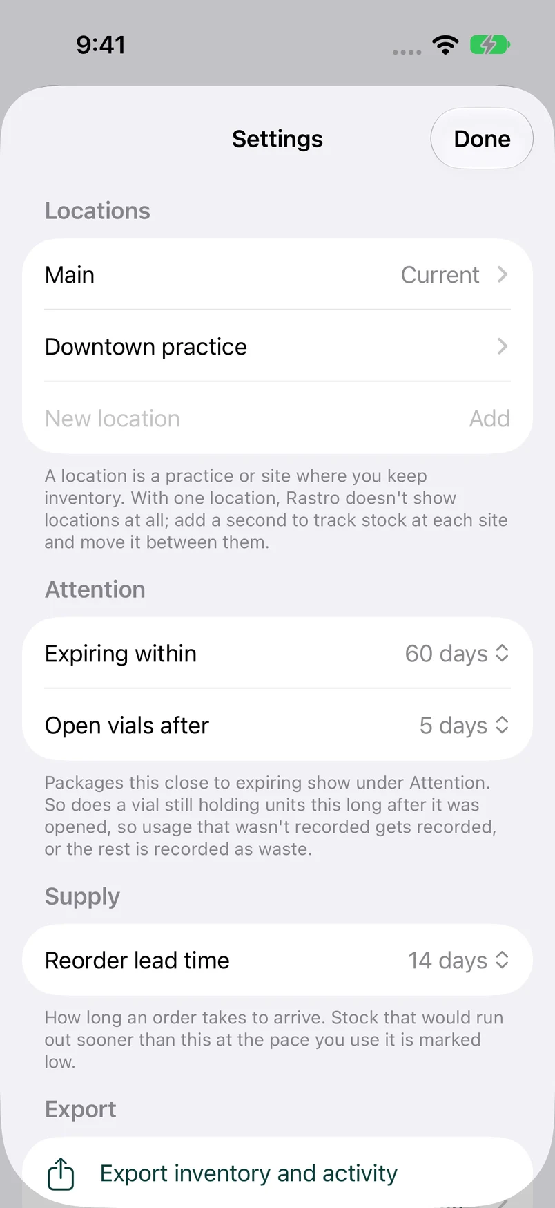 Rastro Settings showing separate inventory locations and attention settings.