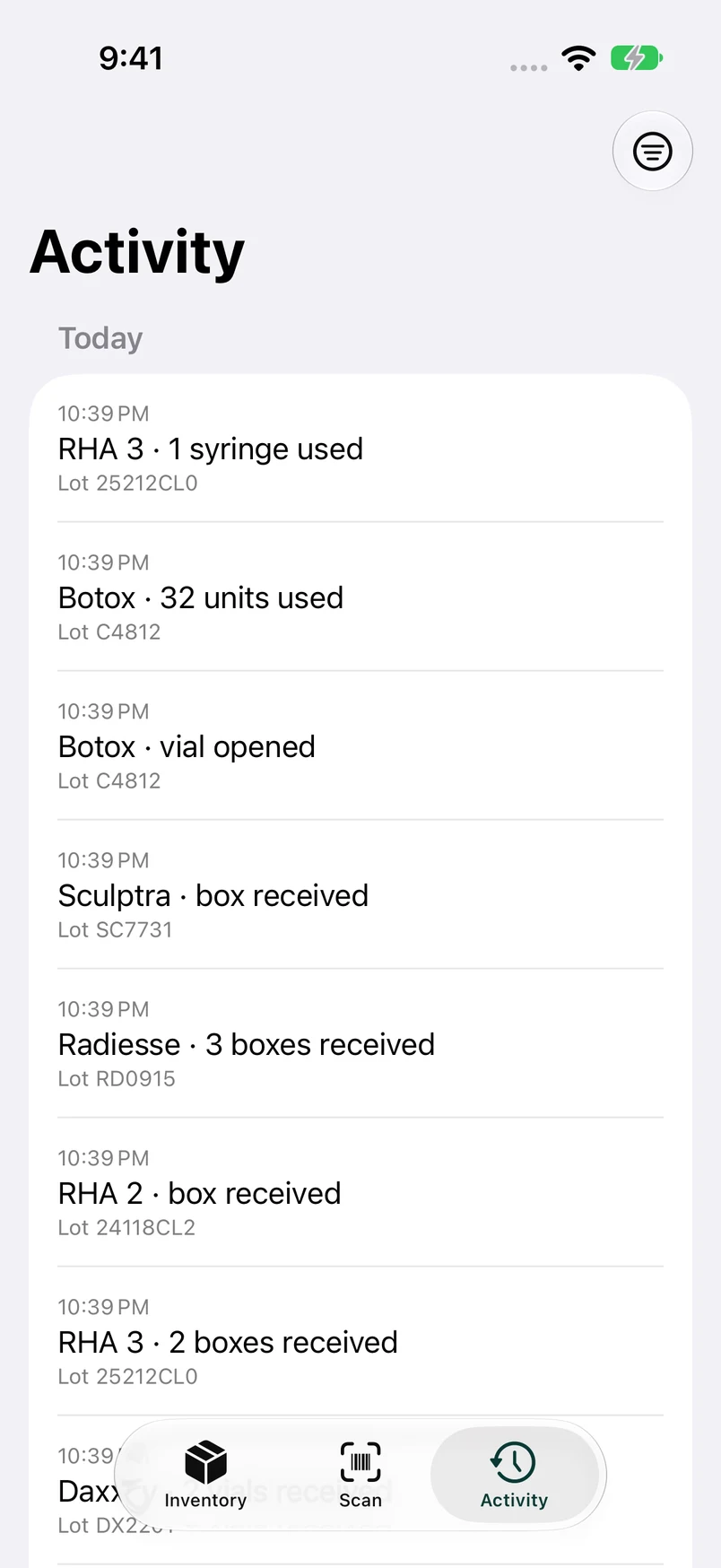 Rastro Activity showing package receipts and usage with lot numbers.
